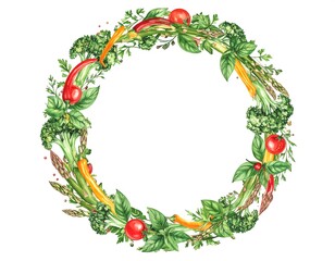 Watercolor wreath with vegetables and herbs on white