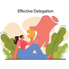 Businesswoman receives a puzzle piece from a large hand symbolizing effective delegation and teamwork in a nature inspired setting with soft pastel colors and green foliage