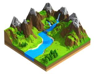 Voxel Art Mountain Landscape with River Valley and Waterfalls, Isometric View, Isolated on Transparent Background