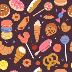 Bakery pattern. Sweet dessert background. Cute cartoon, colorful candies. Sugar candy. Texture for children. Baked goods design. Wrapping paper, wallpaper. Print for fabric. Vector textile doodle