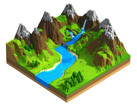 Voxel Art Mountain Landscape with River Valley and Waterfalls, Isometric View, Isolated on Transparent Background