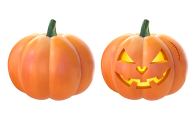 3D cartoon scary halloween pumpkin set isolated on transparent background, PNG file