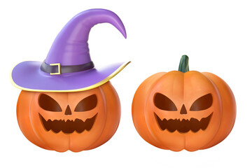 3D cartoon scary halloween pumpkin set wearing witch hat isolated on transparent background, PNG file