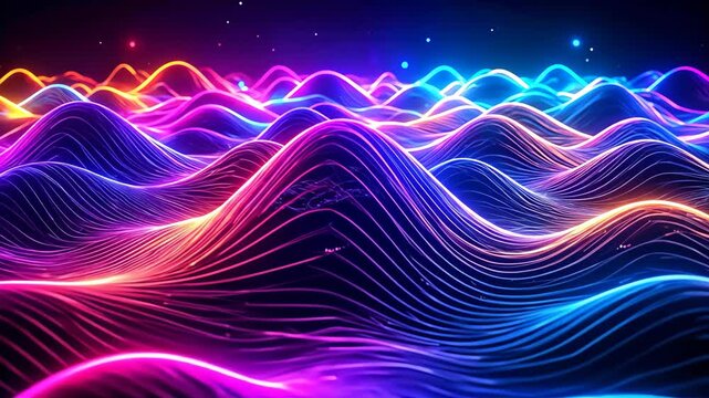 Vibrant Neon Waveform Abstract Background with Glowing Lines.