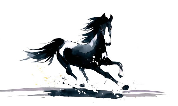 Contemporary ink wash painting of a galloping horse with abstract movement and expressive energy