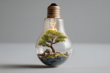 A tree inside a light bulb symbolizing green energy and sustainable development.