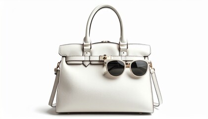 White structured handbag with top handle and detachable strap, accessorized with two white-framed sunglasses, minimalist fashion composition.