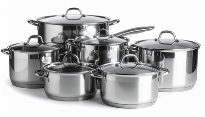 Three stainless steel cooking pots with lids and handles, polished reflective surfaces arranged on white background, modern kitchen cookware.