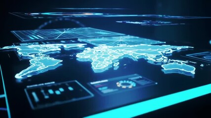 Futuristic digital world map interface with glowing continents and data streams on a dark background - Powered by Adobe