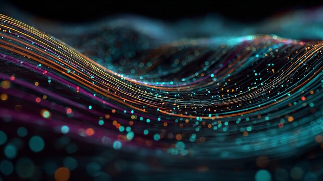 Abstract data stream with vibrant colors and dynamic light trails in focus.