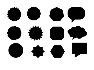 Black Shape Icon Set – Circle, Message Box, Tag, Label, and Sticker Vector Icons on White Background