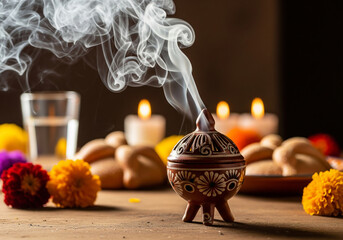 Copal incense burns and releases smoke next to traditional offerings including pan de muerto bread and a glass of drink on a dark Dia de Muertos altar.