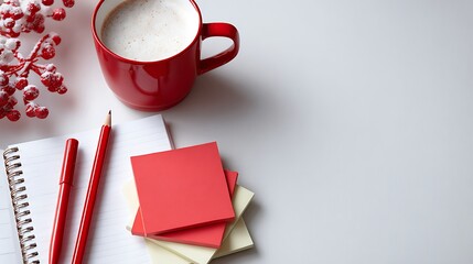 Red mug of hot chocolate with notepad and pen on white background