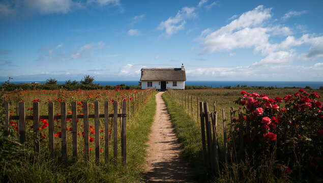 Idyllic cottage with thatched roof and path leading to the sea under a blue sky