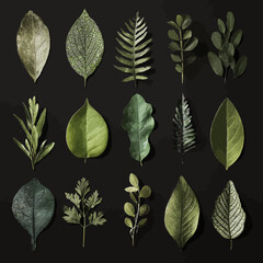 Green leaves collection setting in pattern with dark background.