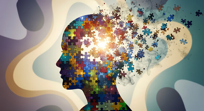 Abstract Human Head with Colorful Light Flow. Concept of Thought, Creativity, and Emotional Energy.