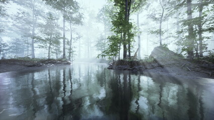 In a tranquil forest, mist rises from still waters, surrounded by lush trees. Soft light filters through the leaves, creating a peaceful atmosphere at dawn. Natures calm beauty invites exploration.