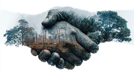 Handshake between two people with eco-friendly business concept. Double exposure