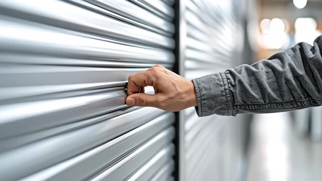 Person opening a metal rolling door in a storage facility.