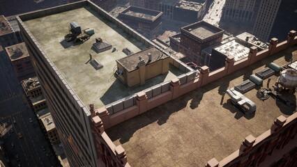 On a sunny day, construction workers are seen on a rooftop in a busy city. They coordinate their tasks amidst urban structures, showcasing teamwork at great heights.