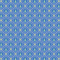 Decorative seamless pattern featuring pine tree motifs with geometric shapes in soft green and blue tones, perfect for Christmas, fabric, and winter-themed designs