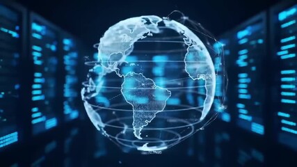 Futuristic holographic earth globe rotating in a dark server room with glowing blue data racks representing global connectivity and digital technology