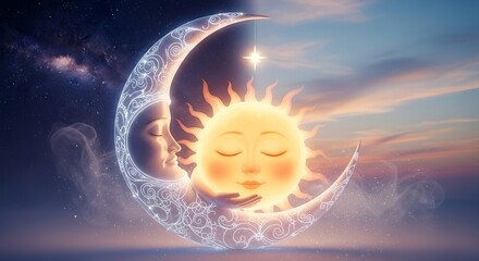 Whimsical Sun and Moon Embrace Under Starry Sky.