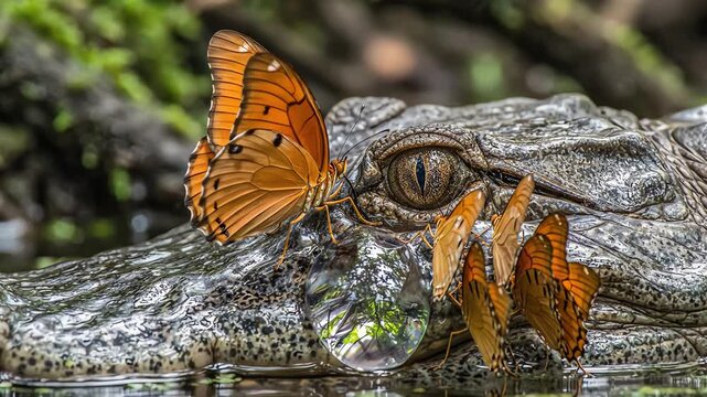 Butterfly resting on a crocodile in natural environment