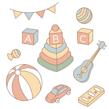 Baby toys outline icon collection. Includes stacking rings, ABC blocks, beach ball, rattle, guitar, car, and building blocks. Created in pastel colored outline style with beige, blue