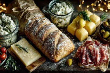 Artisan Feast: A tantalizing assortment of artisanal delicacies is arranged beautifully, inviting viewers to savor the rich flavors and textures of freshly baked bread, premium cheeses, cured meats.