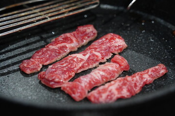 Raw Beef Strips Sizzling on a Grill Pan