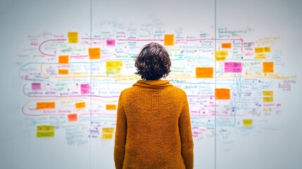 Back view of project manager writing agile sprint goals on a glass whiteboard in a modern scrum team meeting software development lifecycle