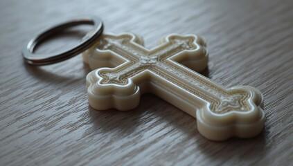 Beige Christian Cross Keychain on Wooden Surface.