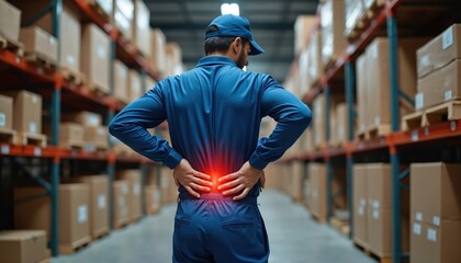 Warehouse worker with severe back pain holds his lower spine. Man experiences pain from lifting heavy boxes. He works in a storage facility among shelves of goods.