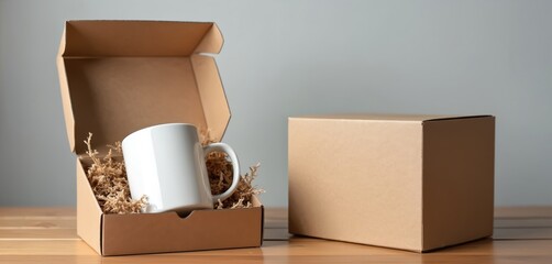 White ceramic mug sits in open cardboard box with packing material. Closed box nearby. Ready for customization and shipping. Ideal for product mockups and branding.