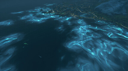 Obraz premium atlantean. Submerged Atlantean cityscapes with ancient glowing migration paths beneath rippling water. travel magazines, destination branding, designed for outdoor magazines and nature guides.