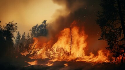 Dramatic low-angle shot of a forest fire with intense flames and smoke, capturing the chaos and power of nature, perfect for a video on environmental impact. Live desktop wallpaper.