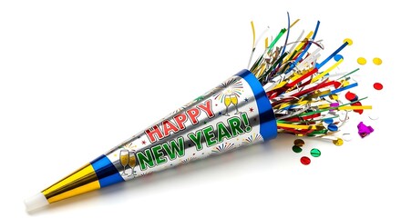 A festive New Year's Eve party horn noisemaker with colorful tinsel and confetti on a white background.