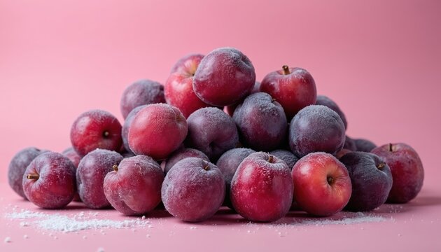 A pile of frosted plums and red apples on a pink background. Cold purple fruit covered with snow or sugar. Fresh sweet winter harvest for healthy dessert.