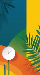 Vibrant Tropical Wall Art with Geometric Shapes and Clock.