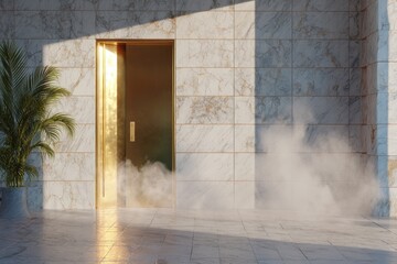 Golden Light Emerging from a Doorway in a Modern Building.