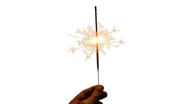 A hand holding a lit sparkler with bright sparks flying outwards against a white background.