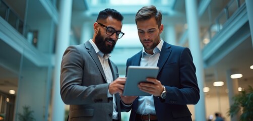 Two businessmen in suits analyze data on tablet computer together in modern office building interior. Discuss business strategy, collaboration, using digital device for work planning. Pro teamwork