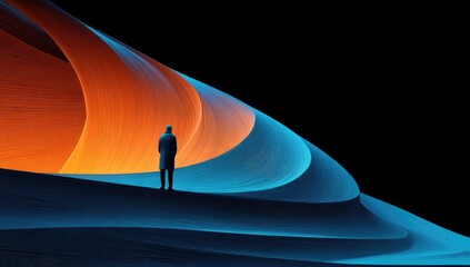 Abstract Figure Contemplating Colorful Abstract Tunnel.