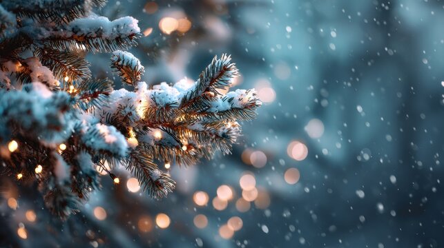 A serene winter scene featuring snow-covered pine branches adorned with twinkling lights, set against a softly blurred background of falling snow.
