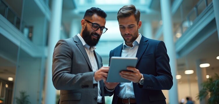 Two businessmen in suits analyze data on tablet computer together in modern office building interior. Discuss business strategy, collaboration, using digital device for work planning. Pro teamwork