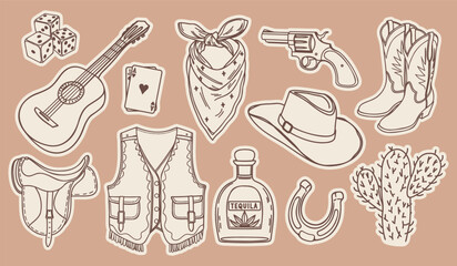 Wild west cowboy stickers set. Retro elements collection. 