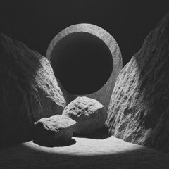 Monochromatic Abstract Space with Circular Portal and Rocks.