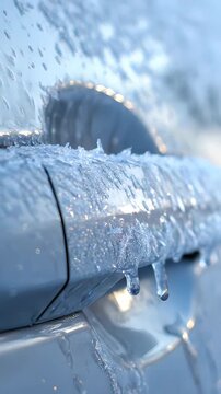 Extreme close up of hot water or de icing liquid melting the thick ice off a frozen car door handle during a cold winter day