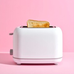 White toaster with toasted bread slice, pink background